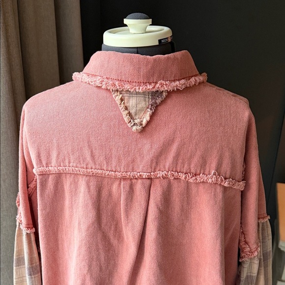 POL Pink Distressed Denim Plaid Patchwork Shirt Jacket Women's M - Picture 6 of 10